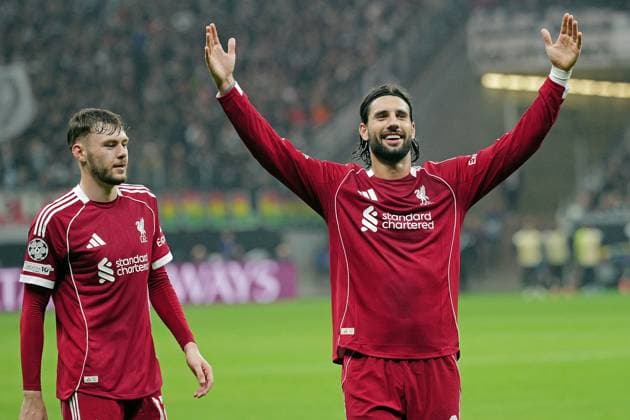 22.10.2025, xovx, Fußball UEFA Champions League, Eintracht Frankfurt - FC Liverpool Jubel bei Dominik Szoboszlai (FC Liverpool) nach dem Tor zum 1:5 (DFL DFB REGULATIONS PROHIBIT ANY USE OF PHOTOGRAPHS as IMAGE SEQUENCES and or QUASI-VIDEO) emspor Frankfurt am Main
