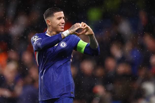 Chelsea v Ajax 22 October 2025, London - UEFA Champions League - League Stage - Chelsea v Ajax - Enzo Fernandez of Chelsea celebrates after scoring the third goal for his team - Photo: Jacques Feeney Offside. London UK Copyright: xJacquesxFeeneyx xOffsidexOffside