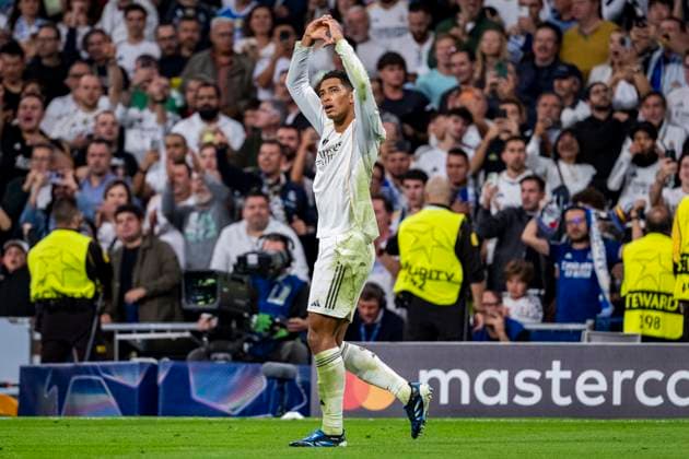 Real Madrid CF vs Juventus FC - UEFA Champions League 2025 26 League Phase MD3 Jude Bellingham of Real Madrid celebrates his goal during the UEFA Champions League 2025 26 League Phase MD3 match between Real Madrid C.F. and Juventus at Estadio Santiago Bernabeu on October 22, 2025 in Madrid, Spain. Madrid Estadio Santiago Bernabeu Madrid Spain Copyright: xAlbertoxGardinx AGardin_20251022_Foot_Cham_ReaMad_Juv_0572