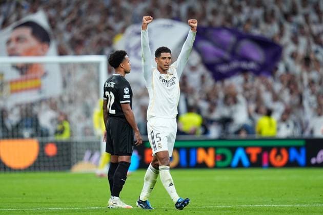 October 22, 2025, Madrid, Madrid, Spain: Jude Bellingham of Real Madrid CF celebrates a goal during the UEFA Champions League 2025 26 League Phase MD3 match between Real Madrid C.F. and Juventus FC at Estadio Santiago Bernabeu on October 22, 2025 in Madrid, Spain. Madrid Spain - ZUMAa181 20251022_zaa_a181_222 Copyright: xDennisxAgyemanx
