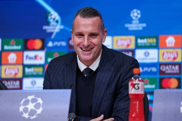 Cheftrainer Nicky Hayen (Club Brugge) auf der Pressekonferenz nach dem Spiel, FC Bayern Muenchen vs. Club Brugge, Fussball, Maenner, UEFA Champions League, Saison 2025 2026, Allianz Arena, 3. Spieltag, 22.10.2025 Muenchen Bayern Deutschland