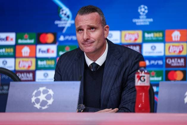 Cheftrainer Nicky Hayen (Club Brugge) auf der Pressekonferenz nach dem Spiel, FC Bayern Muenchen vs. Club Brugge, Fussball, Maenner, UEFA Champions League, Saison 2025 2026, Allianz Arena, 3. Spieltag, 22.10.2025 Muenchen Bayern Deutschland