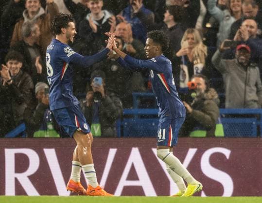 Chelsea v AFC Ajax UEFA Champions League EstÃªvao of Chelsea celebrates his first goal and the team™s fourth against AFC Ajax during the UEFA Champions League match at Stamford Bridge, London UK Newspapers OUT Copyright: xGraemexWilcocksonx FIL-22384-0048