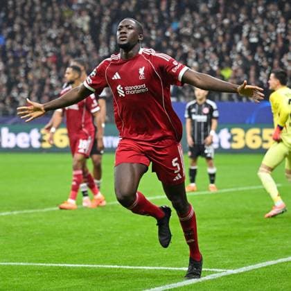 (251023) -- FRANKFURT, Oct. 23, 2025 -- Ibrahima Konate of Liverpool FC celebrates scoring during the UEFA Champions League group stage 3rd round match between Eintracht Frankfurt and Liverpool FC in Frankfurt, Germany, Oct. 22, 2025. (Photo by Xinhua) (SP)GERMANY-FRANKFURT-FOOTBALL-UEFA CHAMPIONS LEAGUE-FRANKFURT VS LIVERPOOL FC UlrichxHufnagel 