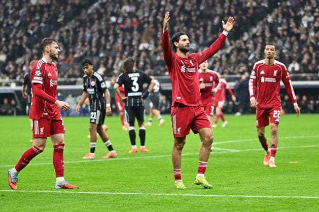 (251023) -- FRANKFURT, Oct. 23, 2025 -- Players of Liverpool FC celebrate scoring during the UEFA Champions League group stage 3rd round match between Eintracht Frankfurt and Liverpool FC in Frankfurt, Germany, Oct. 22, 2025. (Photo by Xinhua) (SP)GERMANY-FRANKFURT-FOOTBALL-UEFA CHAMPIONS LEAGUE-FRANKFURT VS LIVERPOOL FC UlrichxHufnagel 