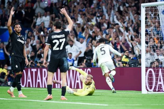 (251023) -- MADRID, Oct. 23, 2025 -- Jude Bellingham (1st R) of Real Madrid celebrates a goal during the UEFA Champions League football match between Real Madrid and Juventus, at Santiago Bernabeu Stadium, Madrid, Spain, on Oct. 22, 2025. (Photo by Xinhua) (SP)SPAIN-MADRID-FOOTBALL-UEFA CHAMPIONS LEAGUE-REAL MADRID VS JUVENTUS GustavoxValiente 