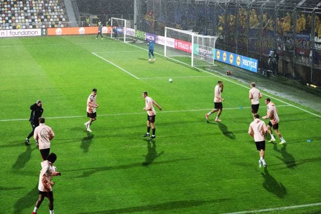 HNK Rijeka v AC Sparta Praha: UEFA Conference League Players of Sparta Praha warms up prior to the UEFA Conference League group phase matchday 2 between HNK Rijeka and AC Sparta Praha at HNK Rijeka Stadium on October 23, 2025. in Rijeka, Croatia.  GoranxKovacic PIXSELL