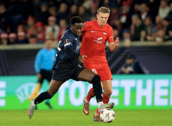 Djeidi Gassama of Rangers in action against Emil Kornvig of Brann Brann v Rangers, UEFA Europa League, Group Stage, Football, Brann Stadion, Bergen, Norway - 23 Oct 2025Bergen Brann Stadion Norway EDITORIAL USE ONLY No use with unauthorised audio, video, data, fixture lists, club league logos or live services. Online in-match use limited to 120 images, no video emulation. No use in betting, games or single club league player publications. Copyright: xGeorgexTewkesbury Shutterstockx 15567765bn