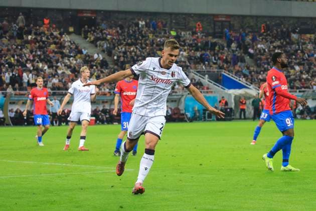 October 23, 2025, UEFA EUROPA LEAGUE, League phase, Matchday 3, FCSB vs Bologna, Bucharest, National Arena Stadium 24 Thijs Dallinga scores his side second goal and celebrates scoring his first goal of the match