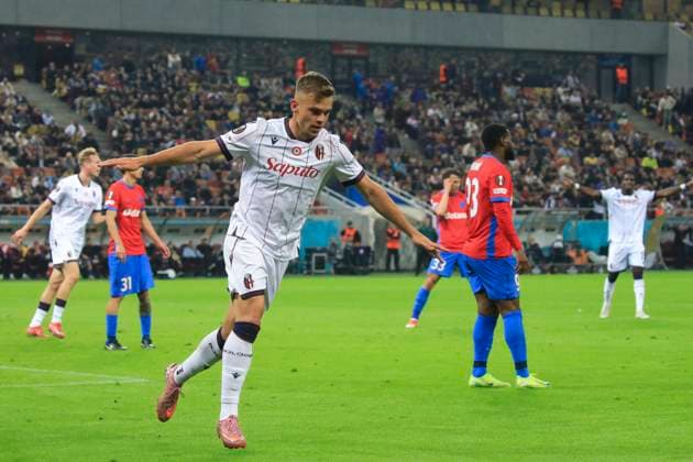 October 23, 2025, UEFA EUROPA LEAGUE, League phase, Matchday 3, FCSB vs Bologna, Bucharest, National Arena Stadium 24 Thijs Dallinga scores his side second goal and celebrates scoring his first goal of the match