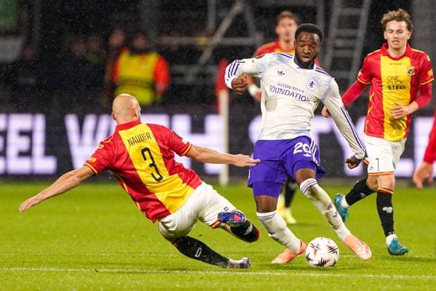 2025-10-23 Go Ahead Eagles v Aston Villa FC - UEFA Europa League 2025 26 League Phase MD3 DEVENTER, NETHERLANDS - OCTOBER 23: Lamare Bogarde of Aston Villa battles for possession with Gerrit Nauber of Go Ahead Eagles during the UEFA Europa League 2025 26 League Phase MD3 match between Go Ahead Eagles and Aston Villa FC at Adelaarshorst on October 23, 2025 in Deventer, Netherlands. Deventer Adelaarshorst Netherlands Content not available for redistribution in The Netherlands directly or indirectly through any third parties. Copyright: xAndrexWeeningx