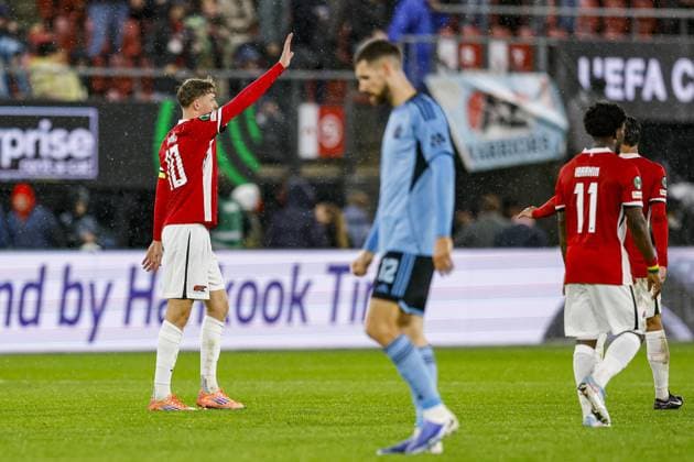 ALKMAAR , 23-10-2025 , AFAS Stadium , season 2025 2026 , UEFA Conference League football , League phase matchday 2 , match between AZ and SK Slovan Bratislava , picture shows and celebrate his goal AZ - Slovan Bratislava  x31654427x Copyright: