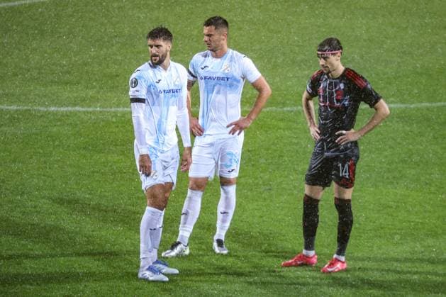 HNK Rijeka v AC Sparta Praha: UEFA Conference League Anel Husic, Mladen Devetak i Veljko Birmancevic during the UEFA Conference League group phase matchday 2 between HNK Rijeka and AC Sparta Praha at HNK Rijeka Stadium on October 23, 2025. in Rijeka, Croatia.  NelxPavletic PIXSELL
