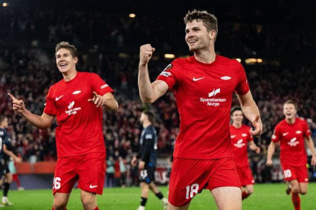 251023 Jacob Ebsen Sorensen of Brann celebrates after 2-0 during the UEFA Europa League football match between Brann and Rangers on October 23, 2025 in Bergen. Photo: Marius Simensen BILDBYRAN COP 238 MM0046 fotboll football soccer fotball uefa europa league brann - rangers bbeng jubel Copyright: MARIUSxSIMENSEN BB251023BB902