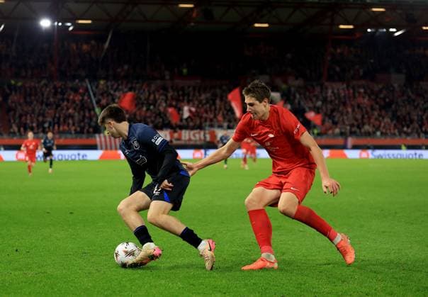 Mikey Moore of Rangers in action against Eivind Helland of Brann Brann v Rangers, UEFA Europa League, Group Stage, Football, Brann Stadion, Bergen, Norway - 23 Oct 2025Bergen Brann Stadion Norway EDITORIAL USE ONLY No use with unauthorised audio, video, data, fixture lists, club league logos or live services. Online in-match use limited to 120 images, no video emulation. No use in betting, games or single club league player publications. Copyright: xGeorgexTewkesbury Shutterstockx 15567765cj