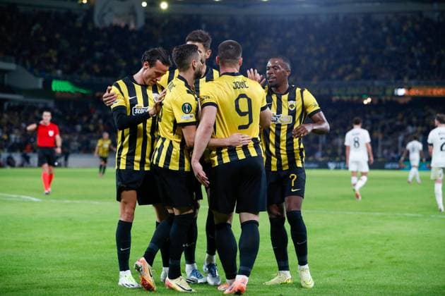 AEK Athens v Aberdeen UEFA Europa Conference League Luka Jovic of AEK Athens celebrates with his team mates scoring a goal during the UEFA Europa Conference League match at OPAP Arena, Athens UK Newspapers OUT Copyright: xYannisxHalasx FIL-22388-0056