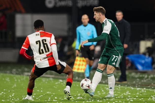 2025-10-23 Feyenoord v Panathinaikos - UEFA Europa League, League phase, MD3 ROTTERDAM, NETHERLANDS - OCTOBER 23: Giorgos Kiriakopoulos of Panathinaikos is challenged by Givairo Read of Feyenoord during the UEFA Europa League, League phase, MD3 match between Feyenoord and Panathinaikos at Stadion Feijenoord on October 23, 2025 in Rotterdam, Netherlands. Rotterdam Stadion Feijenoord Netherlands Content not available for redistribution in The Netherlands directly or indirectly through any third parties. Copyright: xHansxvanxderxValkx