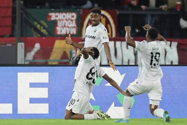 UEFA Europa League AS Roma vs FC Viktoria Plzen Viktoria Plzen s Sierra Leonean forward Prince Kwabena Adu celebrates after scoring a goal during UEFA Europa League first round day 3 football match AS Roma vs FC Viktoria Plzen at the Olimpic Stadium in Rome, on October 23, 2025. _BPH3616 Copyright: xAntonioxBalascox