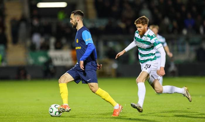 UEFA Europa Conference League Group Phase, Tallaght Stadium, Dublin 23 10 2025 Shamrock Rovers vs NK Celje Rovers Connor Malley with Darko Hrka of NK Celje Connor Malley with Darko Hrka 23 10 2025  Copyright: x INPHO RyanxByrnex RB1_3623