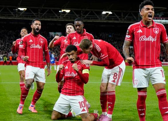 Nottingham, England, 23rd October 2025. Morgan Gibbs White of Nottingham Forest celebrates scoring the first goal from a penalty during the Nottingham Forest vs FC Porto UEFA Europa League match at the City Ground, Nottingham. Picture credit should read: Andrew Yates Sportimage EDITORIAL USE ONLY. No use with unauthorised audio, video, data, fixture lists, club league logos or live services. Online in-match use limited to 120 images, no video emulation. No use in betting, games or single club league player publications. SPI_031_AY_Forest_Porto SPI-4232-0030