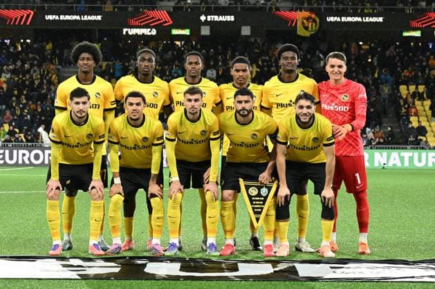 BERN, SWITZERLAND - OCTOBER 23: behind row f.l.t.r: Joel Monteiro of Young Boys, Tanguy Zoukrou of Young Boys, Edimilson Fernandes of Young Boys, Chris Bedia of Young Boys, Rayan Raveloson of Young Boys, and goalkeeper Marvin Keller of Young Boys. Front row f.l.t.r.: Armin Gigovic of Young Boys, Ryan Andrews of Young Boys, Darian Males of Young Boys, Loris Benito of Young Boys and Jaouen Hadjam of Young Boys during the UEFA Europa League 2025 26 League Phase MD3 match between BSC Young Boys and PFC Ludogorets 1945 at Stadion Wankdorf on October 23, 2025 in Bern, Switzerland. Bern Stadion Wankdorf Bern Switzerland Copyright: xJustPictures.ch ManuelxWinterbergerx jp-en-EuSpIm-MWI_4260