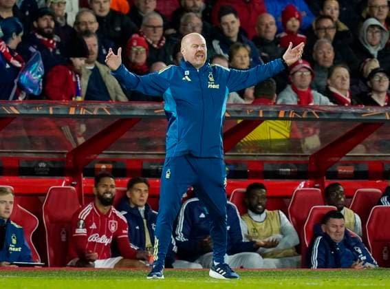 Nottingham, England, 23rd October 2025. Sean Dyche manager of Nottingham Forest reliving every kick of the game during the Nottingham Forest vs FC Porto UEFA Europa League match at the City Ground, Nottingham. Picture credit should read: Andrew Yates Sportimage EDITORIAL USE ONLY. No use with unauthorised audio, video, data, fixture lists, club league logos or live services. Online in-match use limited to 120 images, no video emulation. No use in betting, games or single club league player publications. SPI_067_AY_Forest_Porto SPI-4232-0071