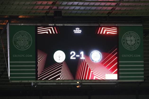 SOCCER - UEFA EL, Celtic vs Sturm GLASGOW,SCOTLAND,23.OCT.25 - SOCCER - UEFA Europa League, Celtic Glasgow vs SK Sturm Graz. Image shows scoring board.  GEPAxpictures xChrisxBauer