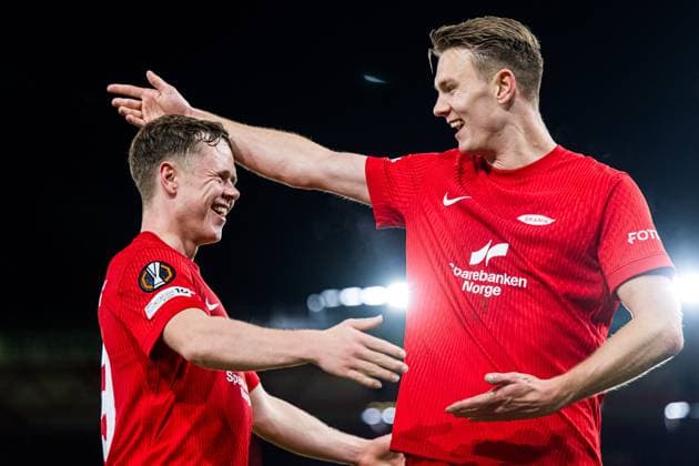 251023 Emil Kornvig of Brann celebrates after scoring the 1-0 goal during the UEFA Europa League football match between Brann and Rangers on October 23, 2025 in Bergen. Photo: Marius Simensen BILDBYRAN COP 238 MM0046 bbeng brann football fotball fotboll jubel rangers soccer uefa europa league Copyright: MARIUSxSIMENSEN BB251023ZK032