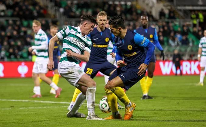 UEFA Europa Conference League Group Phase, Tallaght Stadium, Dublin 23 10 2025 Shamrock Rovers vs NK Celje Rovers Cory O Sullivan with Juanjo Nieto of NK Celje Cory O Sullivan with Juanjo Nieto 23 10 2025  Copyright: x INPHO RyanxByrnex RB2_2423