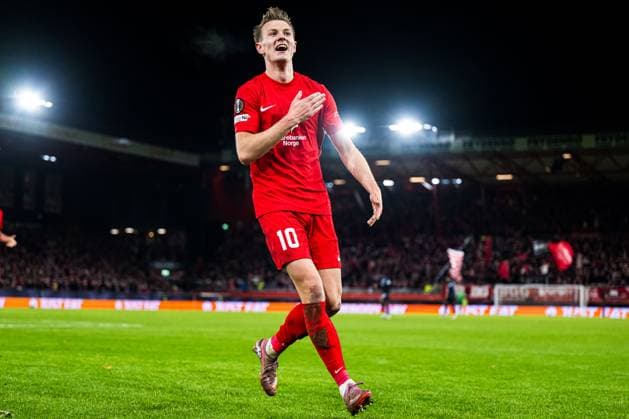 251023 Emil Kornvig of Brann celebrates after scoring the 1-0 goal during the UEFA Europa League football match between Brann and Rangers on October 23, 2025 in Bergen. Photo: Marius Simensen BILDBYRAN COP 238 MM0046 bbeng brann football fotball fotboll jubel rangers soccer uefa europa league Copyright: MARIUSxSIMENSEN BB251023ZV042