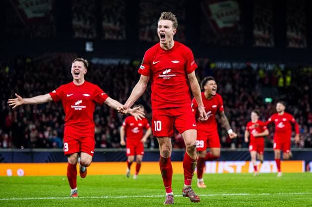 251023 Emil Kornvig of Brann celebrates after scoring the 1-0 goal during the UEFA Europa League football match between Brann and Rangers on October 23, 2025 in Bergen. Photo: Marius Simensen BILDBYRAN COP 238 MM0046 bbeng brann football fotball fotboll jubel rangers soccer uefa europa league Copyright: MARIUSxSIMENSEN BB251023ZF050