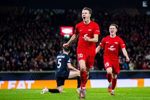 251023 Emil Kornvig of Brann celebrates after scoring the 1-0 goal during the UEFA Europa League football match between Brann and Rangers on October 23, 2025 in Bergen. Photo: Marius Simensen BILDBYRAN COP 238 MM0046 bbeng brann football fotball fotboll jubel rangers soccer uefa europa league Copyright: MARIUSxSIMENSEN BB251023ZH050