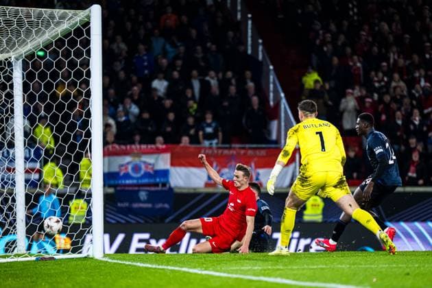 251023 Emil Kornvig of Brann scores the 1-0 goal during the UEFA Europa League football match between Brann and Rangers on October 23, 2025 in Bergen. Photo: Marius Simensen BILDBYRAN COP 238 MM0046 bbeng brann football fotball fotboll rangers soccer uefa europa league Copyright: MARIUSxSIMENSEN BB251023ZK043