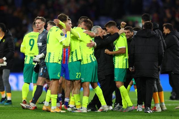 London, England, 23rd October 2025. AEK Larnaca players celebrate after the Crystal Palace vs AEK Larnaca UEFA Conference League match at Selhurst Park, London. Picture credit should read: Paul Terry Sportimage EDITORIAL USE ONLY. No use with unauthorised audio, video, data, fixture lists, club league logos or live services. Online in-match use limited to 120 images, no video emulation. No use in betting, games or single club league player publications. SPI_037_PT_Crystal_Palace_Larnaca SPI-4231-0037