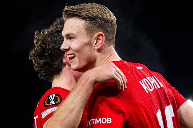 251023 Emil Kornvig of Brann celebrates after scoring the 1-0 goal during the UEFA Europa League football match between Brann and Rangers on October 23, 2025 in Bergen. Photo: Marius Simensen BILDBYRAN COP 238 MM0046 bbeng brann football fotball fotboll jubel rangers soccer uefa europa league Copyright: MARIUSxSIMENSEN BB251023ZH051