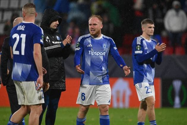 L-R Jan Kral, Jachym Sip and Matej Mikulenka (all Olomouc) after the UEFA Conference League, 2nd round, match SK Sigma Olomouc against Rakow Czestochowa, in Olomouc, Czech Republic, on October 23, 2025. (CTKxPhoto LudekxPerina) CTKPhotoP2025102310608  CTKPhotoP2025102310608