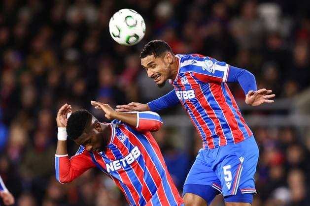 Crystal Palace v AEK Larnaca 23 October 2025, London - UEFA Conference League - League Stage - Crystal Palace v AEK Larnaca - Maxence Lacroix of Crystal Palace heads the ball over Jefferson Lerma of Crystal Palace - Photo: Jacques Feeney Offside. London UK Copyright: xJacquesxFeeneyx xOffsidexOffside