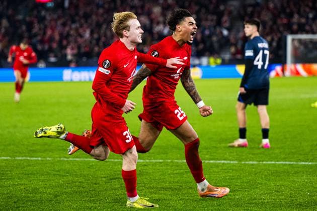 251023 Noah Jean Holm of Brann celebrates after scoring the 3-0 goal during the UEFA Europa League football match between Brann and Rangers on October 23, 2025 in Bergen. Photo: Marius Simensen BILDBYRAN COP 238 MM0046 bbeng brann football fotball fotboll jubel rangers soccer uefa europa league Copyright: MARIUSxSIMENSEN BB251023ZY047