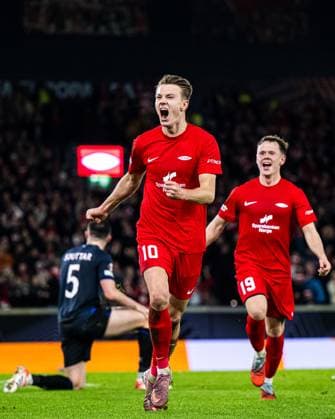 251023 Emil Kornvig of Brann celebrates after scoring the 1-0 goal during the UEFA Europa League football match between Brann and Rangers on October 23, 2025 in Bergen. Photo: Marius Simensen BILDBYRAN COP 238 MM0046 bbeng brann football fotball fotboll jubel rangers soccer uefa europa league Copyright: MARIUSxSIMENSEN BB251023ZF053
