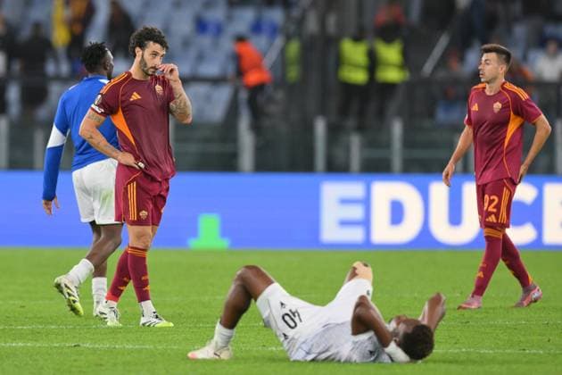 23rd October 2025, Stadio Olimpico, Rome, Italy; UEFA Europa League Football; Roma versus Viktoria Plezen; AS Roma players show their disappointment at the defeat  AllShotLive