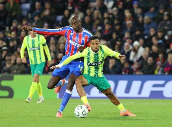 Crystal Palace v AEK Larnaca, London, UK - 23 Oct 2025 Jean-Philippe Mateta of Crystal Palace challenges Gustavo Ledes of AEK Larnaca for the ball during the Europa Conference League match between Crystal Palace and AEK Larnaca on 23rd October 2025 at Selhurst Park, London London Selhurst Park London GBR Copyright: xJoshxSmith PPAUKx PPA-225161