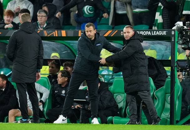 Sturm Graz Head Coach Jurgen Samuel & Celtic Manager Brendan Rodgers shake hands at full-time. Final score Celtic 2 Sturm Graz 1. Celtic v Sturm Graz, UEFA Europa League, Group Stage, Football, Celtic Park, Glasgow, Scotland, UK - 23 Oct 2025Glasgow Celtic Park United Kingdom EDITORIAL USE ONLY No use with unauthorised audio, video, data, fixture lists, club league logos or live services. Online in-match use limited to 120 images, no video emulation. No use in betting, games or single club league player publications. Copyright: xStuartxWallace Shutterstockx 15567786de