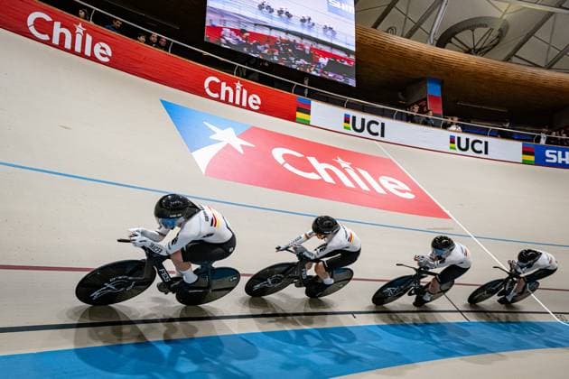 BRÄUTIGAM Messane, BRAUßE Franziska, KLEIN Lisa, SÜßEMILCH Laura: UCI Track cycling, Rad, Radsport, Bahnrad, Bahn World Championships 2025 BRÄUTIGAM Messane - BRAUßE Franziska - KLEIN Lisa - SÜßEMILCH Laura ( GER ) Germany Querformat - quer - horizontal - Landscape - Event Veranstaltung: UCI Track Cycling World Championships 2025 - Category Kategorie: Cycling - Track Cycling World Championships - Elite Women - Location Ort: South America Chile - Santiago de Chile - Velodromo Parque Penalolen Instituto - Discipline: Team Pursuit - Distance: 4000 m - Date Datum: 23.10.2025 Thursday Day 2 -