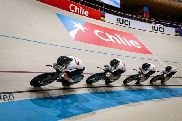 BRÄUTIGAM Messane, BRAUßE Franziska, KLEIN Lisa, SÜßEMILCH Laura: UCI Track cycling, Rad, Radsport, Bahnrad, Bahn World Championships 2025 BRÄUTIGAM Messane - BRAUßE Franziska - KLEIN Lisa - SÜßEMILCH Laura ( GER ) Germany Querformat - quer - horizontal - Landscape - Event Veranstaltung: UCI Track Cycling World Championships 2025 - Category Kategorie: Cycling - Track Cycling World Championships - Elite Women - Location Ort: South America Chile - Santiago de Chile - Velodromo Parque Penalolen Instituto - Discipline: Team Pursuit - Distance: 4000 m - Date Datum: 23.10.2025 Thursday Day 2 -