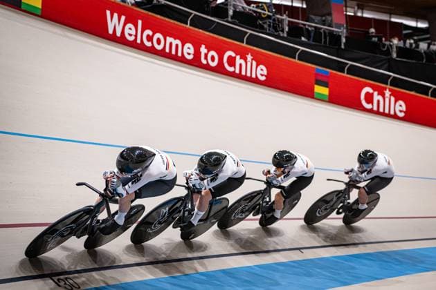 BRÄUTIGAM Messane, BRAUßE Franziska, KLEIN Lisa, SÜßEMILCH Laura: UCI Track cycling, Rad, Radsport, Bahnrad, Bahn World Championships 2025 BRÄUTIGAM Messane - BRAUßE Franziska - KLEIN Lisa - SÜßEMILCH Laura ( GER ) Germany Querformat - quer - horizontal - Landscape - Event Veranstaltung: UCI Track Cycling World Championships 2025 - Category Kategorie: Cycling - Track Cycling World Championships - Elite Women - Location Ort: South America Chile - Santiago de Chile - Velodromo Parque Penalolen Instituto - Discipline: Team Pursuit - Distance: 4000 m - Date Datum: 23.10.2025 Thursday Day 2 -