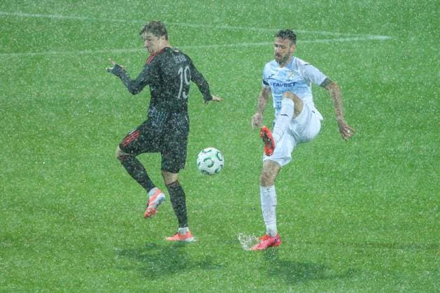 HNK Rijeka v AC Sparta Praha: UEFA Conference League Adam Sevinsky of Sparta Praha competes for the ball with Duje Cop of HNK Rijeka during the UEFA Conference League group phase matchday 2 between HNK Rijeka and AC Sparta Praha at HNK Rijeka Stadium on October 23, 2025. in Rijeka, Croatia.  NelxPavletic PIXSELL