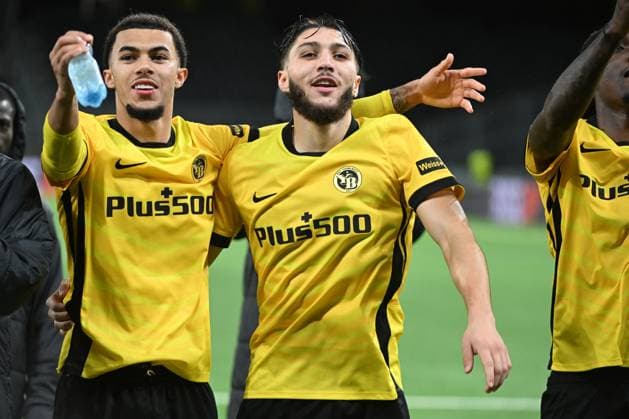 BERN, SWITZERLAND - OCTOBER 23: Jaouen Hadjam of Young Boys l) and Jaouen Hadjam of Young Boys r) celebrating the victory during the UEFA Europa League 2025 26 League Phase MD3 match between BSC Young Boys and PFC Ludogorets 1945 at Stadion Wankdorf on October 23, 2025 in Bern, Switzerland. Bern Stadion Wankdorf Bern Switzerland Copyright: xJustPictures.ch ManuelxWinterbergerx jp-en-EuSpIm-MWI_4497