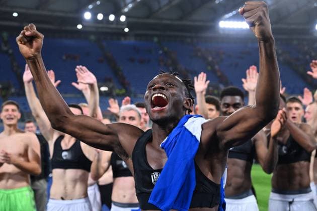 CALCIO - UEFA Europa League - AS Roma vs FC Viktoria Plzen Prince Kwabena Adu of Viktoria Plzen celebrates at the end of the UEFA Europa League phase day 3 football match between between A.S. Roma and F.C. Viktoria Plzen at the Olympic Stadium on October 23, 2025 in Rome, Italy. Rome Italy  Copyright: xIPAxSport ABACAx