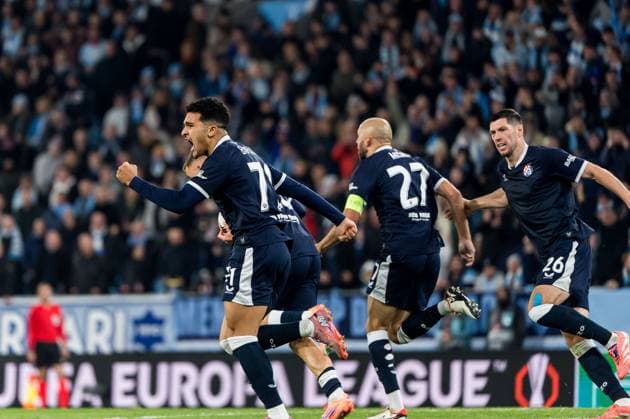 Malmo FF v GNK Dinamo - UEFA Europa League 2025 26 League Phase MD3 MALMO, SWEDEN - OCTOBER 23: Monsef Bakrar of Dinamo Zagreb celebrates after Cardoso Varela scores a goal for 1:1 during the UEFA Europa League 2025 26 League Phase MD3 match between Malmo FF and GNK Dinamo at Malmo New Stadium on October 23, 2025 in Malmo, Sweden.  ChristianxOrnberg PIXSELL