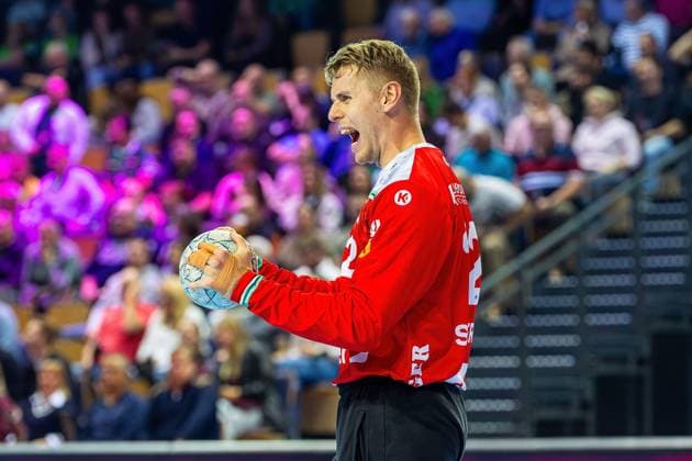 23.10.2025, xovx, Handball Daikin Handball Bundesliga, HSG Wetzlar - FRISCH AUF! Göppingen Jubel bei Kristian Saeveras (Frisch Auf! Göppingen) Wetzlar Buderus-Arena Hessen Deutschland (DE)